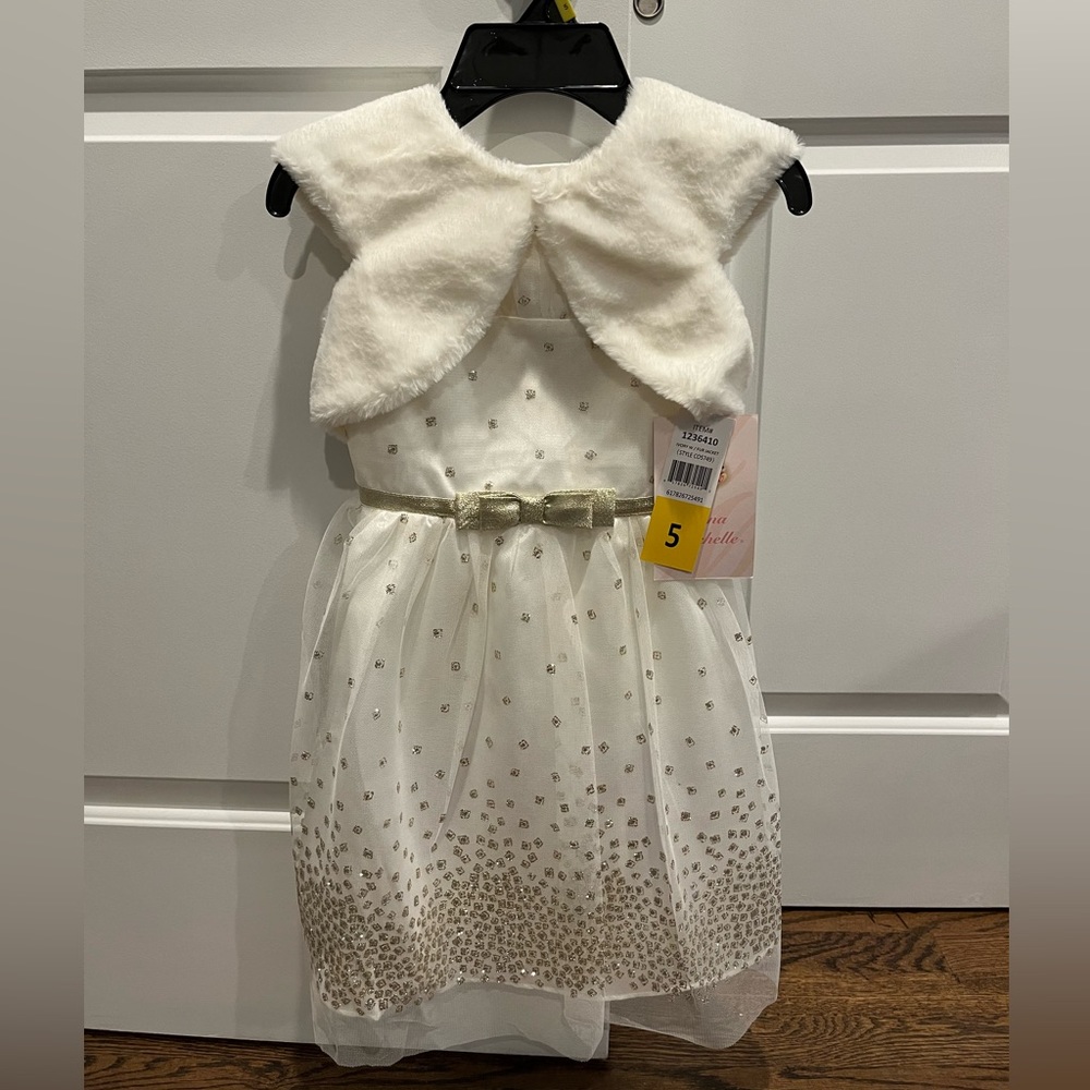 Toddler White Dress with Faux Fur Vest - Size 5 - NWT